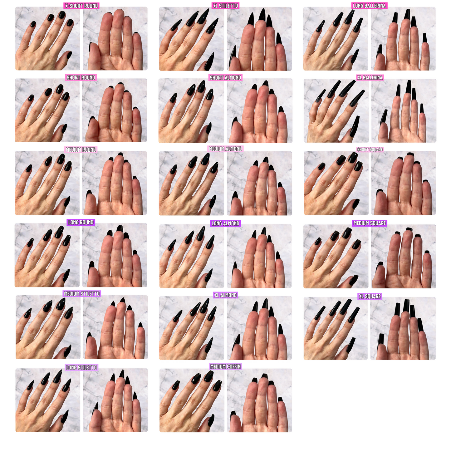 press-on nail shapes and sizes that are short, medium, long, square, round, stiletto, coffin, ballerina, and almond shape